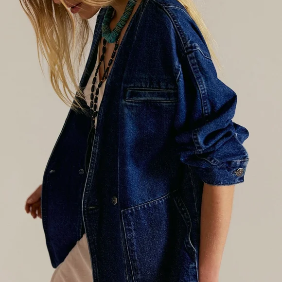 Free People Blue Denim Jean Jacket Size XL - Picture 3 of 8
